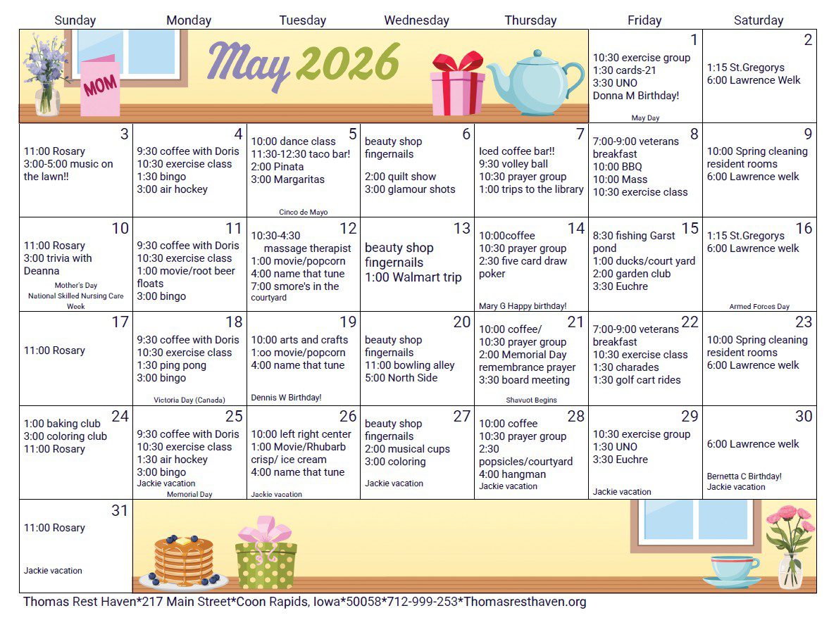 May 2026 senior living activity calendar